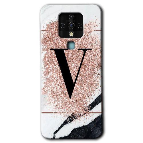 Tecno Camon 16 Kılıf HD Desen Baskılı Arka Kapak - Pembe Mermer Desenli V Harfi + Kırılmaz Cam