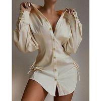 Kadın Uzun Kollu Gömlek Yaka önden Düğmeli Yanlardan Büzgülü Kısa Aerobin Elbise