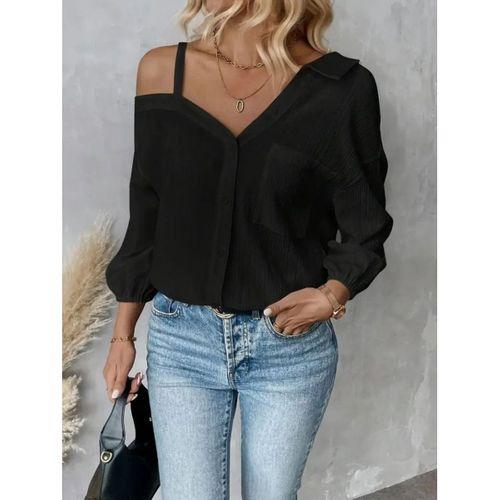 Kadın Tek Omuzdan Açık Askılı Uzun Kollu Yakalı önden Düğmeli Gömlek