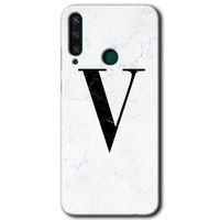 Potkal Hediye Fabrikası Huawei Y6P Kılıf HD Desen Baskılı Arka Kapak - Beyaz Mermer Desenli V Harfi