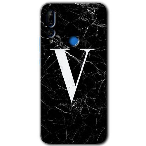 Huawei Y9 Prime 2019 Kılıf HD Desen Baskılı Arka Kapak + Temperli Cam - Siyah Mermer Desenli V Harfi