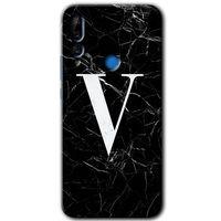 Huawei Y9 Prime 2019 Kılıf HD Desen Baskılı Arka Kapak + Temperli Cam - Siyah Mermer Desenli V Harfi