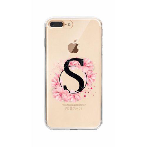 iPhone 7 Plus Pembe Çiçek Desen S Harfli Şeffaf Kılıf