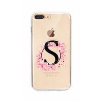 iPhone 7 Plus Pembe Çiçek Desen S Harfli Şeffaf Kılıf