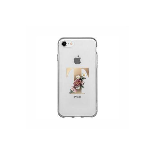 iPhone 8 Şeffaf Kılıf Gold Renkli Çiçekli T Harfli Desenli