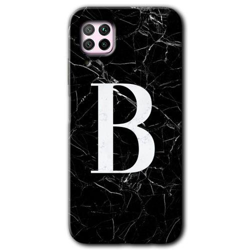 MRCİLETİSİM Huawei P40 Lite Kılıf HD Desen Baskılı Arka Kapak + Temperli Cam - Siyah Mermer Desenli B Harfi