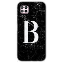 MRCİLETİSİM Huawei P40 Lite Kılıf HD Desen Baskılı Arka Kapak + Temperli Cam - Siyah Mermer Desenli B Harfi