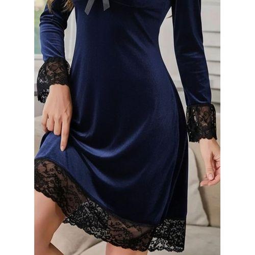 Kadın Uzun Kollu V Dantel Yakalı Mini Kadife Elbise