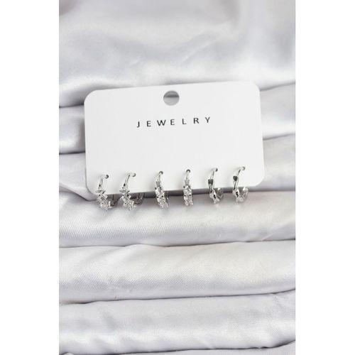 Pirinç Gümüş Renk Zirkon Taşlı Kadın Küpe Seti