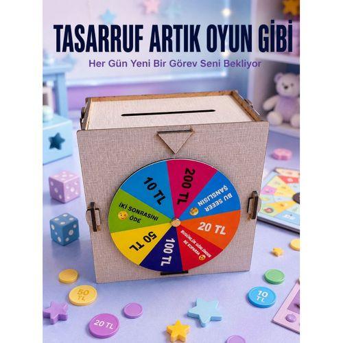Para Biriktirme Challenge Kutusu Eğlenceli Şans Çarkı Ahşap Tasarruf Kumbarası