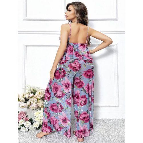 Özel Tasarım Büyük Beden Kırmızı Çiçek Desenli Bol Kesim 2'li Pijama Takımı