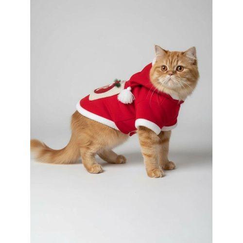 Kartopu Yılbaşı Kedi Kıyafeti Premium Kırmızı Polar | Kapüşonlu Noel Kedi Kostümü | Kurabiye Temalı