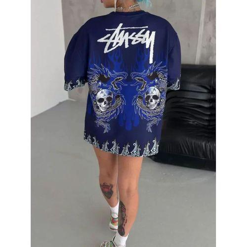 Pilelistore Unisex Bisiklet Yaka Baskılı Oversize T-Shirt - Lacivert