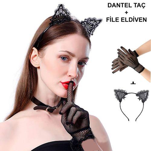 Siyah Kedi Dantel Taç + Eldiven Seti – Parti, Dans ve Kostüm Kombini (3748)