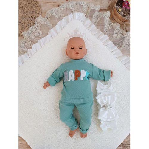 Yenidoğan Wool Yün Kumaş Taç Nakışlı Güpür Duvaklı Fiyonk Prizma Taş Unisex Kundak Bebek Battaniyesi Bej