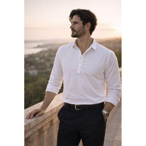 Yarım Pat Yakalı York Pamuk Kumaşlı Uzun Kollu Erkek Gömlek - Beyaz