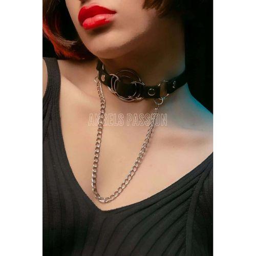 Deri Choker, Deri Tasma, Zincirli Deri Kolye, Halkalı Deri Kolye - Brf588