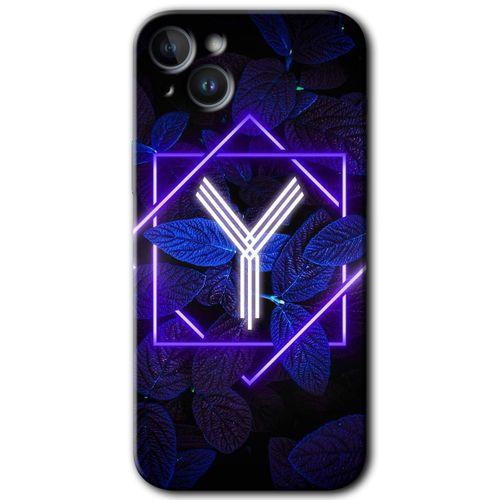 Potkal Hediye Fabrikası Potkal Hediye Fabrikası iPhone 14 Plus Kılıf HD Desen Baskılı Arka Kapak - Temperli Cam - Dark Neon Yaprak Y Harfi