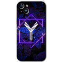 Potkal Hediye Fabrikası Potkal Hediye Fabrikası iPhone 14 Plus Kılıf HD Desen Baskılı Arka Kapak - Temperli Cam - Dark Neon Yaprak Y Harfi