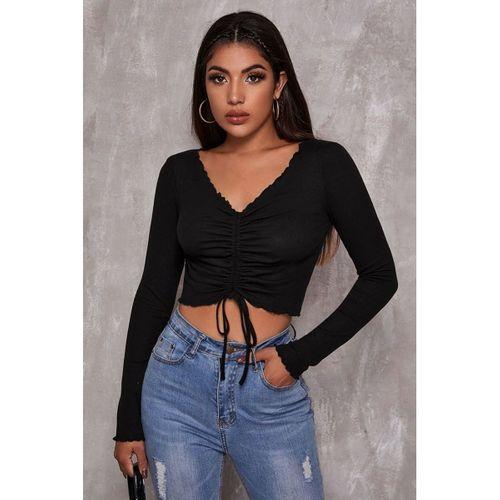 Kadın Siyah Uzun Kol Drapeli Bağcık Detaylı Crop Top Bluz