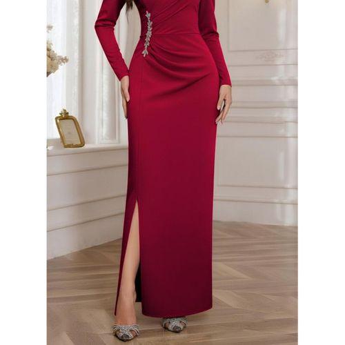 Kadın Uzun Kollu Kruvaze Yakalı Yanları Taşlı Yırtmaçlı Uzun Ithal Krep Elbise