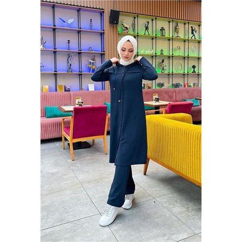 Kapşonlu Düğmeli Sade Basic Uzun Tunik ve Pantolon İkili Spor Takım - 03072.015 - Lacivert
