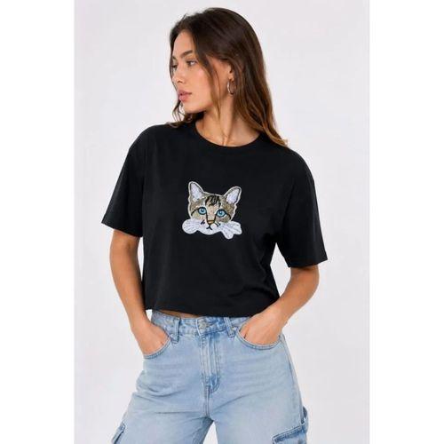 Kedi Baskılı Oversize Crop Tişört Salaş Basic Yarım Kol T-shirt - Siyah