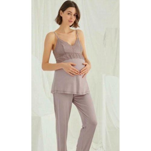 BirolGaye 1767 Pudra Modal Penye Hamile Lohusa 3 Lü Pijama Sabahlık Tk