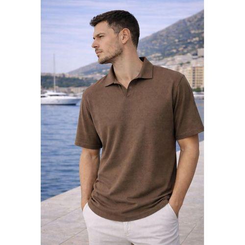 Leodes Waffle Kumaş Polo Yaka Relaxed Fit Düğmesiz Erkek T-Shirt - Kapari