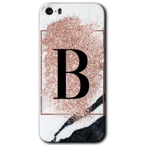 iPhone 5s Kılıf HD Desen Baskılı Arka Kapak - Pembe Mermer Desenli B Harfi + Kırılmaz Cam