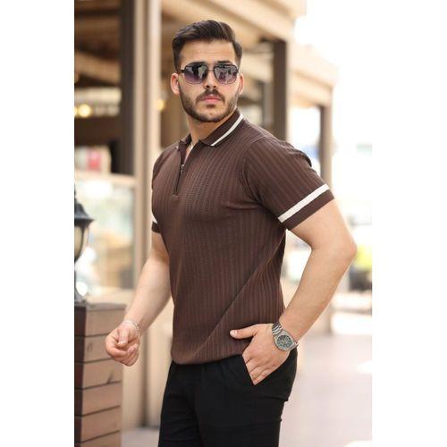 Erkek Yaka Ve Kolları çizgi Detaylı Fermuarlı Kısa Kollu T-shirt
