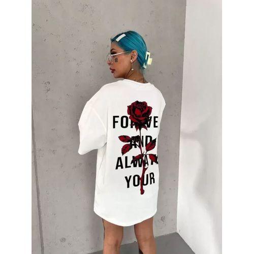 Pilelistore Unisex Bisiklet Yaka Baskılı Oversize T-Shirt - Beyaz