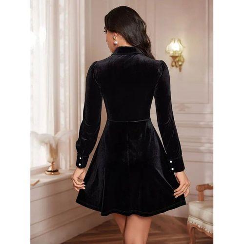 Kadın Uzun Kollu Yakalı Tül Detaylı Incili Mini Kadife Elbise