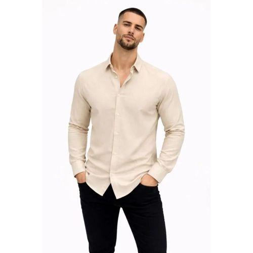 Erkek KETEN Kumaş Oversize Uzun Kollu Rahat Kalıp Gömlek - Bej