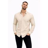 Erkek KETEN Kumaş Oversize Uzun Kollu Rahat Kalıp Gömlek - Bej