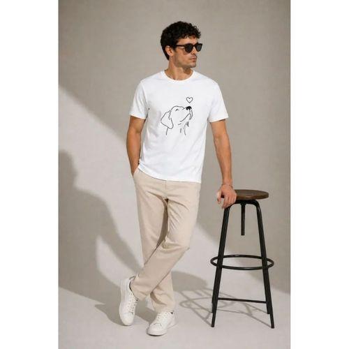 Erkek Köpek Figürlü Minimal Baskılı Tişört Kısa Kol Yazlık T-Shirt - Beyaz