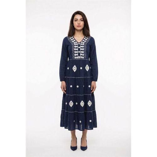 Uzun Kol Yakamoz V Yaka Nakışlı Şile Bezi Uzun Pullu Elbise Lacivert Lcvt