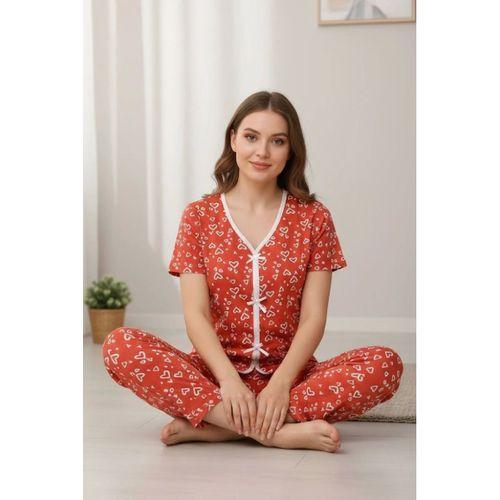 Kadın Turuncu Kalp Desenli Fiyonk Detaylı Kısa Kollu Uzun Pijama Takımı Premium Ev Giyim