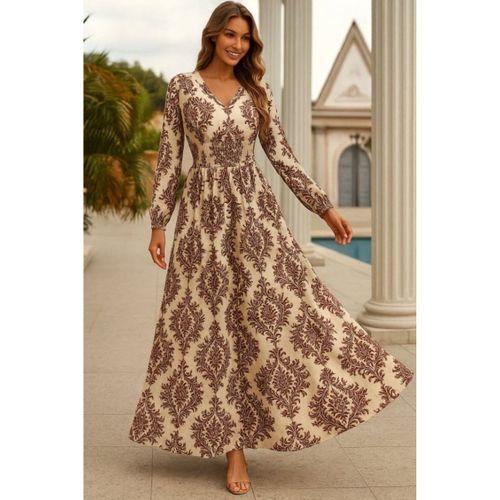 Kadın Uzun Kollu V Yakalı Desenli Süprem Elbise