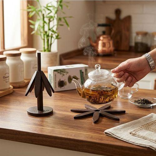 Bambu Ahşap Katlanır Nihale 20 cm - Standlı, Yaprak Desenli (2'li)