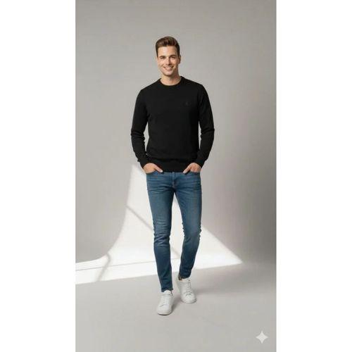 Erkek Bisiklet Yaka Nakış Işlemeli Triko Kazak Yumuşak Dokulu Pamuklu Ince Dokuma, Uzun Kollu Rahat Regular Kalıp - Siyah