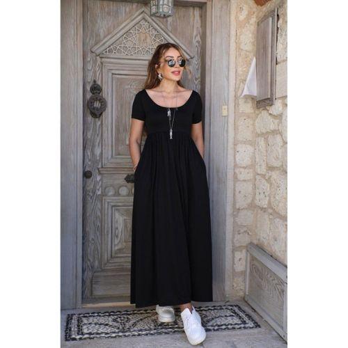 Kadın Kısa Kollu Yuvarlak Yaka önden Yırtmaçlı Cepli Viskon Uzun Elbise