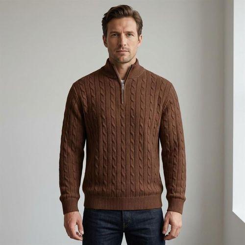 Bardem Saç Örgülü Yarım Fermuar Erkek Triko Kazak - Kahve
