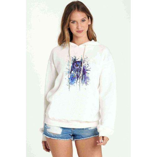 Owl Mavi Kedi Sulu Boya Baskılı Beyaz Kadın Kapşonlu Sweatshirt