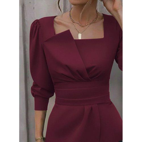 Kadın Uzun Kollu Geometrik Yakalı Belden Oturmalı Ithal Krep Bluz