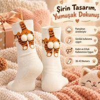 Kadın Soket Çorap Seti - Kedi Desenli 3d Ponponlu, 4'lü Paket