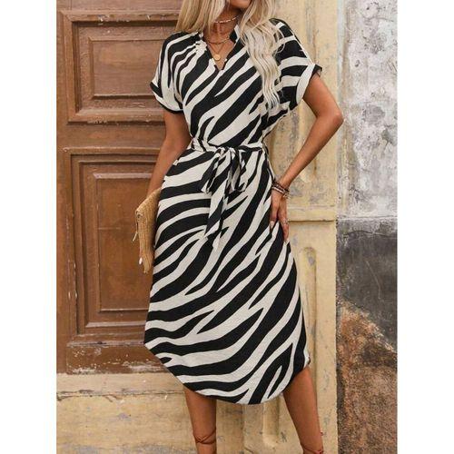 Kadın Kısa Kollu V Hakim Yakalı Zebra Desenli Midi Süprem Elbise