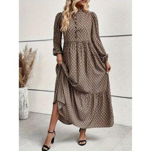 Kadın Uzun Kollu Hakim Yakalı Düğmeli Kemersiz Desenli Maxi Süprem Elbise