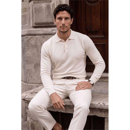 Portofino Premium Düğmeli Polo Yaka İnce Erkek Triko Kazak - Kırık Beyaz