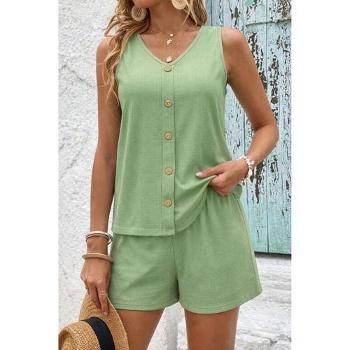 Kadın Askılı Kolsuz V Yakalı önden Düğmeli Bürümcük Bluz Ve Short Ikili Takım